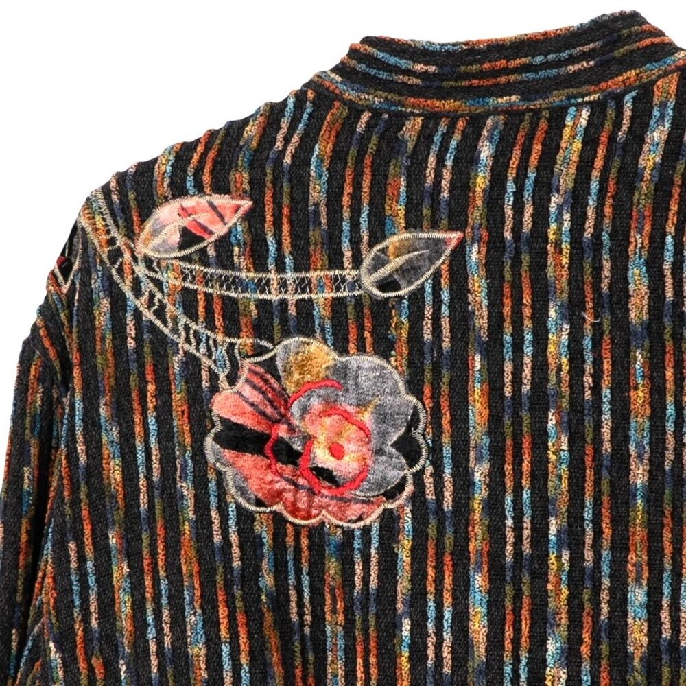 Floral Tapestry Jacket XL Striped Mandarin Collar Applique Boho Lagenlook Black - Picture 6 of 7